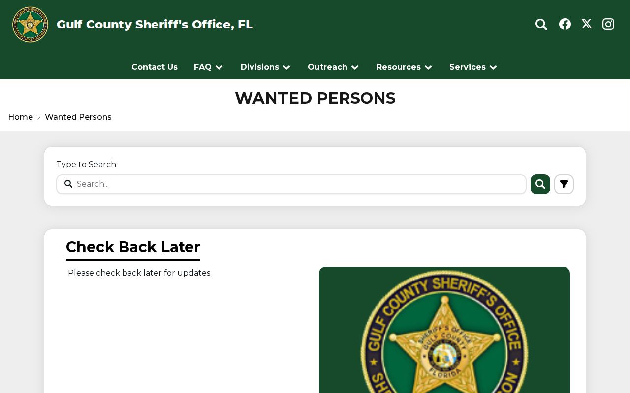 Gulf County Sheriff wanted persons page