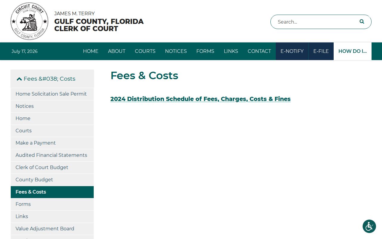 Gulf County Clerk fees and costs page for court records