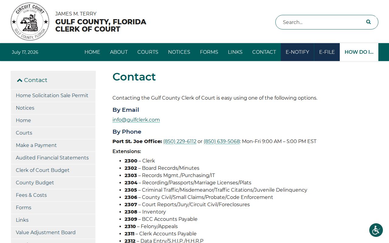 Gulf County Clerk Port St. Joe and Wewahitchka contact information