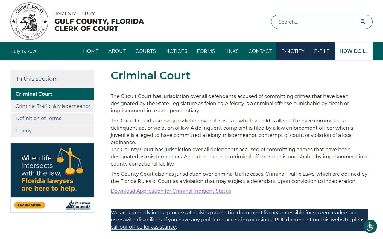 Gulf County Clerk criminal court jurisdiction page