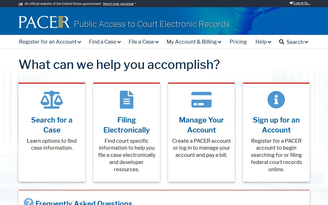 PACER federal court records access page