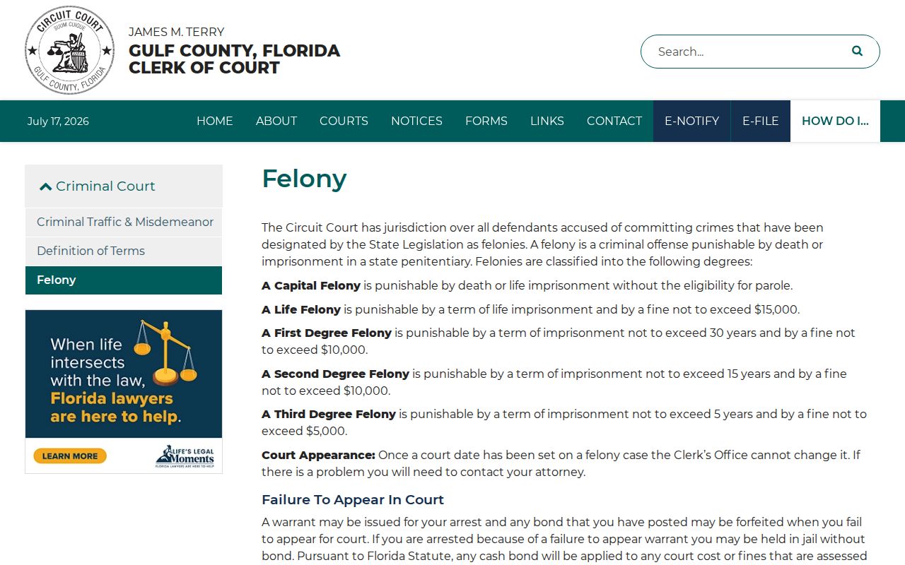 Gulf County felony court information for Wewahitchka cases