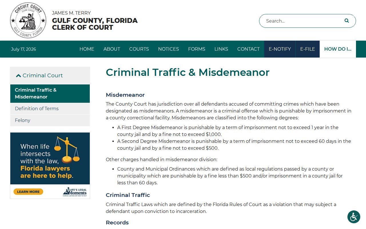 Gulf County misdemeanor and criminal traffic information for Wewahitchka records